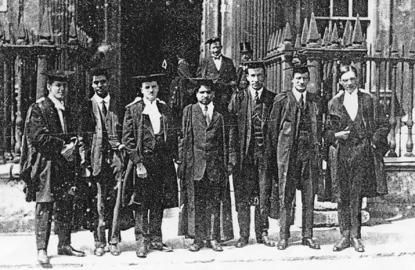 Photograph of Srinivasa Ramanujan with G. H. Hardy and other scientists outside the Senate House, University of Cambridge, between 1914 and 1919