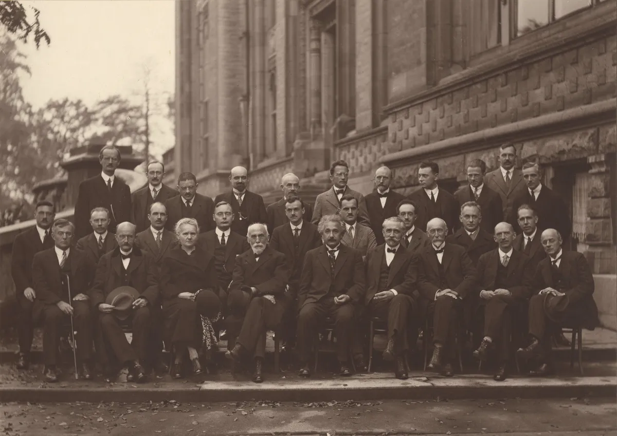 Group photograph of the fifth Solvay Conference in 1927, showing Einstein, Bohr, Heisenberg, Schrödinger, and other pioneers of quantum mechanics