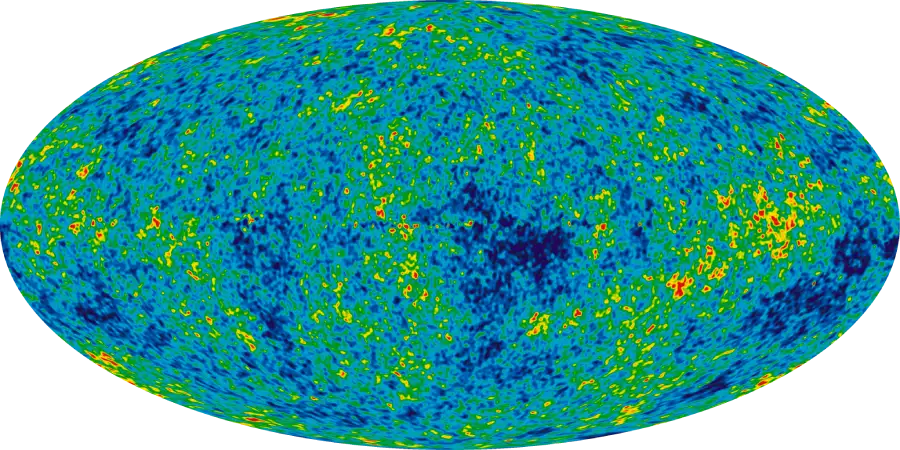 All-sky map of the cosmic microwave background from nine years of NASA WMAP data, showing tiny temperature fluctuations that seeded the universe's first galaxies.