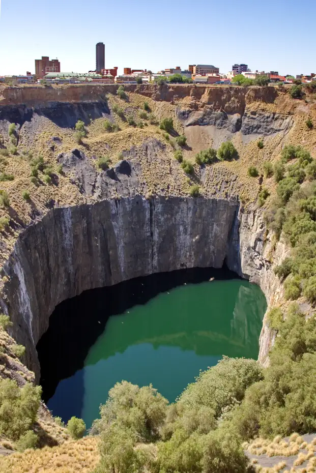 The Big Hole at Kimberley, South Africa, an excavated kimberlite pipe that became the type locality for the rock that carries diamonds to the surface.